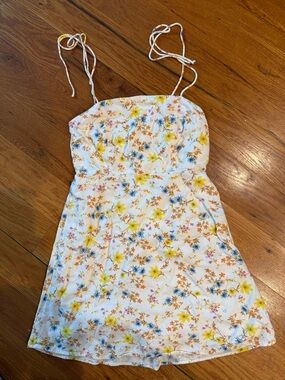 Floral Tie-Strap Sundress in White with Yellow & Blue Flowers